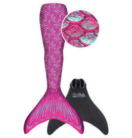 Rosa-lila Meerjungfrauenschwanz mit Schuppenmuster und separater schwarzer Schwimmflosse.