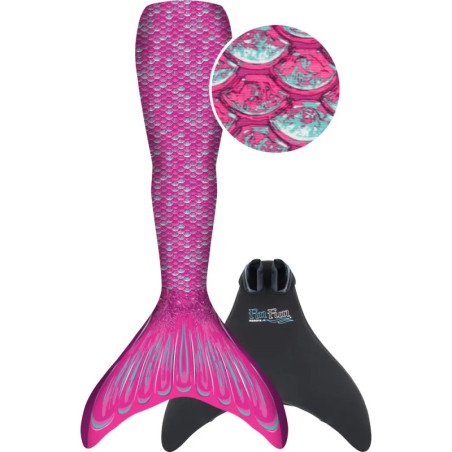 Rosa-lila Meerjungfrauenschwanz mit Schuppenmuster und separater schwarzer Schwimmflosse. Rosa-lila Meerjungfrauenschwanz mit Schuppenmuster und separater schwarzer Schwimmflosse.