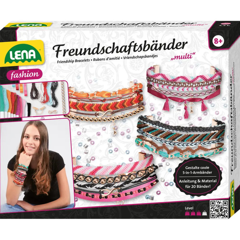Freundschaftsarmband-Set mit bunten Bändern, lachendem Mädchen und Altersangabe ab 8 Jahren auf der Verpackung.