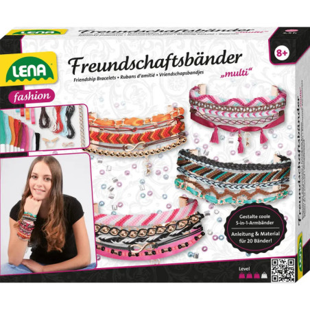 Freundschaftsarmband-Set mit bunten Bändern, lachendem Mädchen und Altersangabe ab 8 Jahren auf der Verpackung.