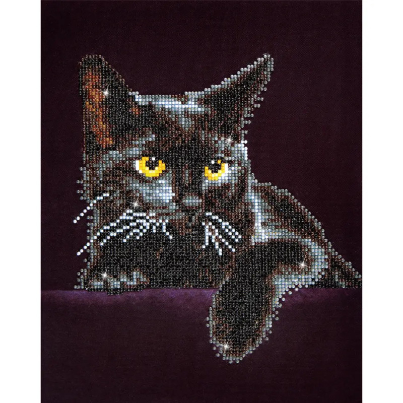 Perlenkunstwerk einer schwarzen Katze mit gelben Augen und weißen Schnurrhaaren vor dunkellila Hintergrund. Perlenkunstwerk einer schwarzen Katze mit gelben Augen und weißen Schnurrhaaren vor dunkellila Hintergrund.