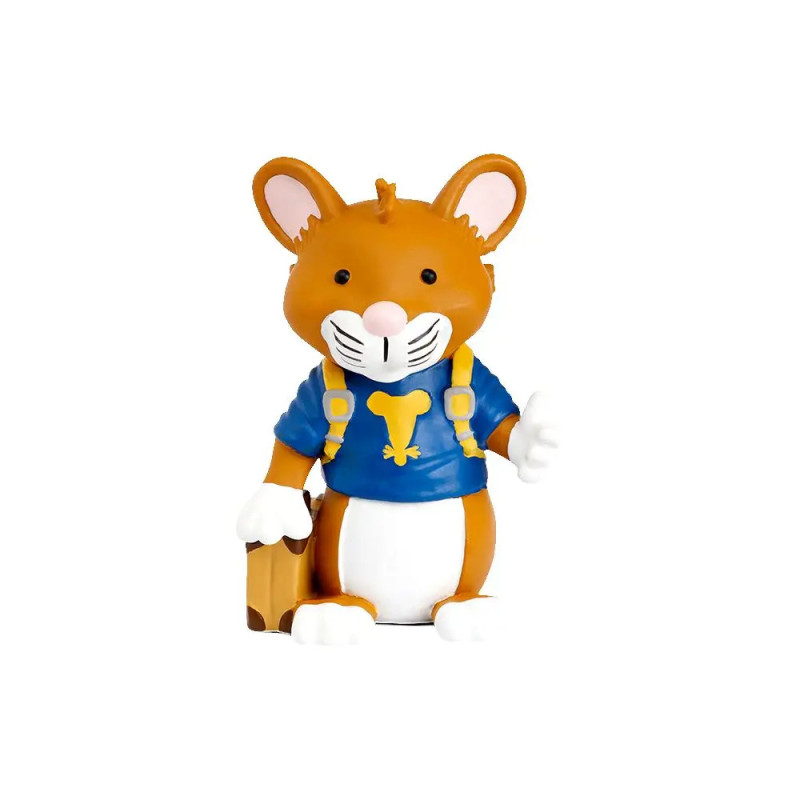 Spielzeugmaus mit blauem Hemd und gelben Hosenträgern hält einen Koffer und winkt. Spielzeugmaus mit blauem Hemd und gelben Hosenträgern hält einen Koffer und winkt.