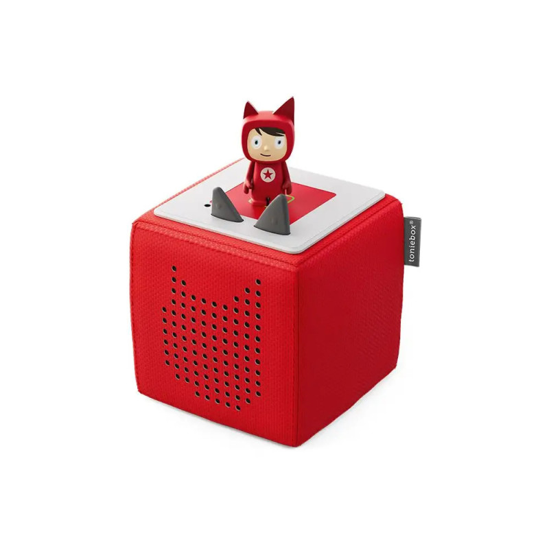 Roter Audio-Würfel mit Lautsprecher und einer kleinen Figur im roten Kostüm auf der Oberseite.