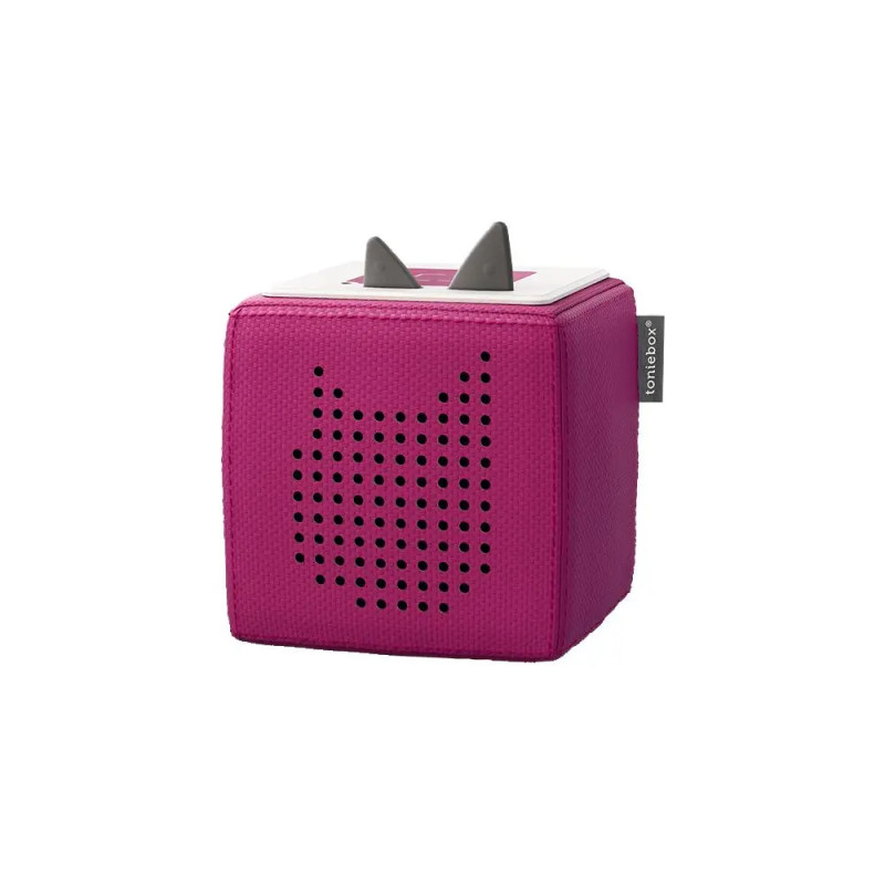 Eine pinke Toniebox mit katzenohrenförmigen Tasten oben und Lautsprechermuster an der Vorderseite. Eine pinke Toniebox mit katzenohrenförmigen Tasten oben und Lautsprechermuster an der Vorderseite.