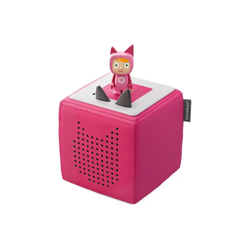 Rosa Toniebox-Audioplayer mit kleiner rosa Fuchsfigur oben drauf. Rosa Toniebox-Audioplayer mit kleiner rosa Fuchsfigur oben drauf.