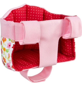 Puppen-Trage in Pink und Rot mit Tupfen, geblümten Seiten und einem Gurt an der Unterseite.