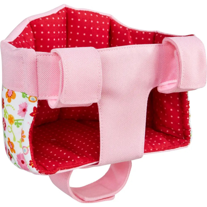 Puppen-Trage in Pink und Rot mit Tupfen, geblümten Seiten und einem Gurt an der Unterseite. Puppen-Trage in Pink und Rot mit Tupfen, geblümten Seiten und einem Gurt an der Unterseite.