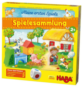 Bunte deutsche Brettspiel-Schachtel mit Bauernhoftieren, Scheune, Würfeln und Spielesammlung auf der Vorderseite.