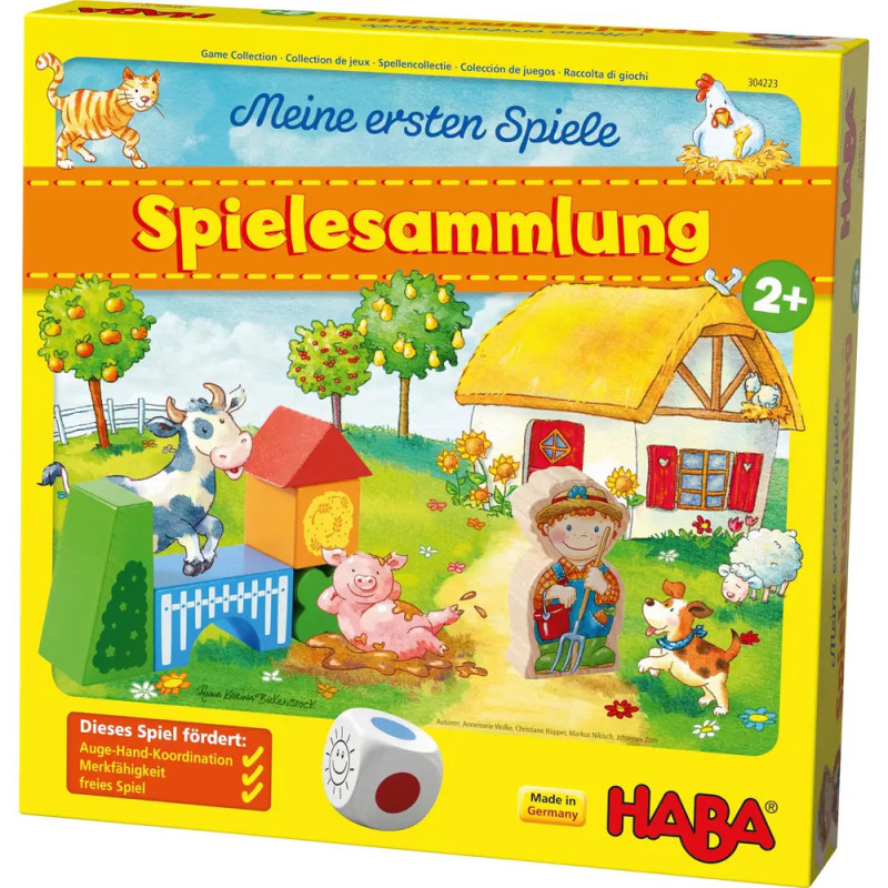 Bunte deutsche Brettspiel-Schachtel mit Bauernhoftieren, Scheune, Würfeln und Spielesammlung auf der Vorderseite. Bunte deutsche Brettspiel-Schachtel mit Bauernhoftieren, Scheune, Würfeln und Spielesammlung auf der Vorderseite.