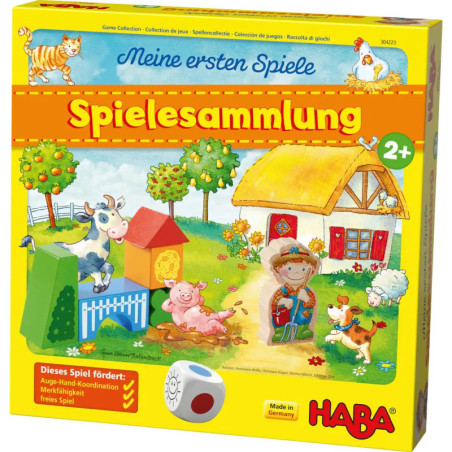 Bunte deutsche Brettspiel-Schachtel mit Bauernhoftieren, Scheune, Würfeln und Spielesammlung auf der Vorderseite. Bunte deutsche Brettspiel-Schachtel mit Bauernhoftieren, Scheune, Würfeln und Spielesammlung auf der Vorderseite.
