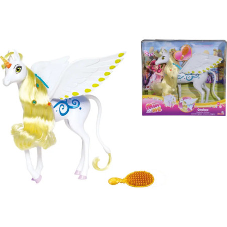 Weißes Einhorn-Spielzeug mit Flügeln, gelber Mähne, orangefarbener Bürste und Verpackung oben rechts.