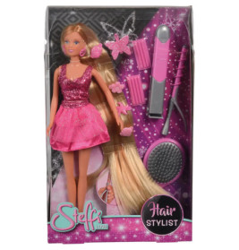 Steffi Love Puppe mit langen blonden Haaren, pinkem Kleid und Frisierzubehör in einer Box mit Aufschrift Hair Stylist.