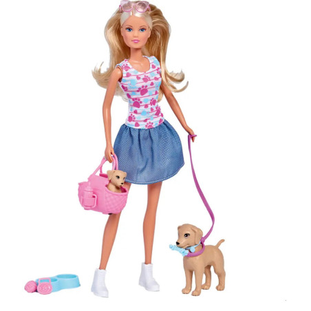 Barbie mit blondem Haar, pinker Tasche und zwei Hunden: einer in der Tasche, einer an einer pinken Leine.
