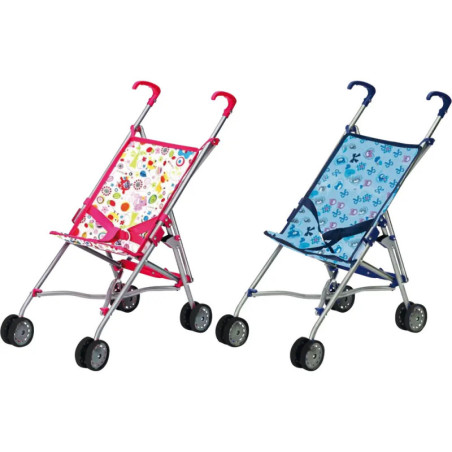 Zwei leichte Puppenwagen, einer rosa mit Blumen und einer blau mit Schmetterlingen, stehen nebeneinander.