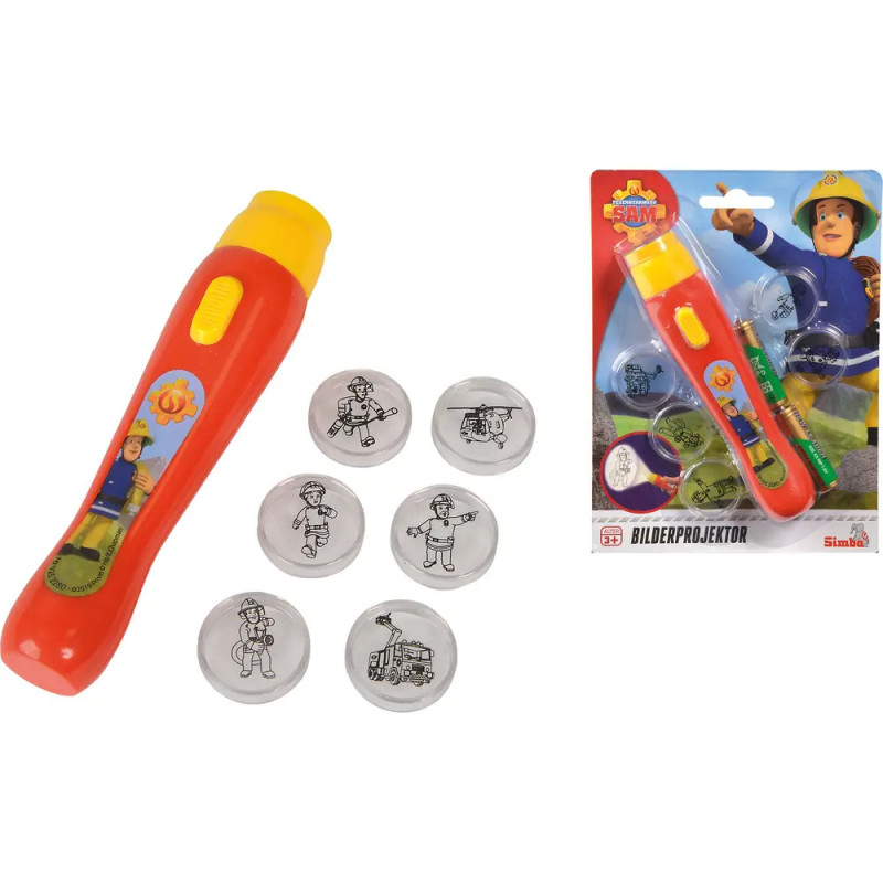 Roter und gelber Spielzeugprojektor mit sechs Bildscheiben, Verpackung zeigt einen Feuerwehrmann als Comicfigur.