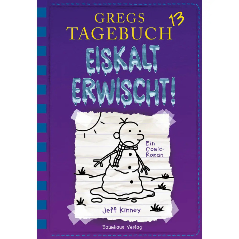 Lila Buchcover: Gregs Tagebuch 13 - Eiskalt erwischt! mit Cartoon-Junge, der in einem Schneemann feststeckt. Lila Buchcover: Gregs Tagebuch 13 - Eiskalt erwischt! mit Cartoon-Junge, der in einem Schneemann feststeckt.
