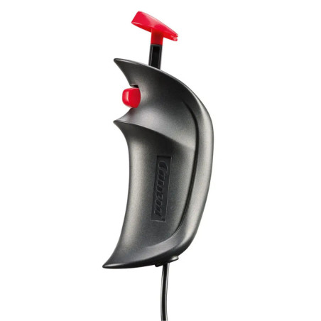 Schwarzer Slotcar-Controller mit rotem Abzug und Drehregler, per Kabel verbunden.