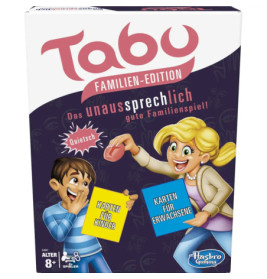 Tabu Familien-Edition: Karton mit spielenden, fröhlichen Erwachsenen und Kindern, deutscher Text sichtbar.