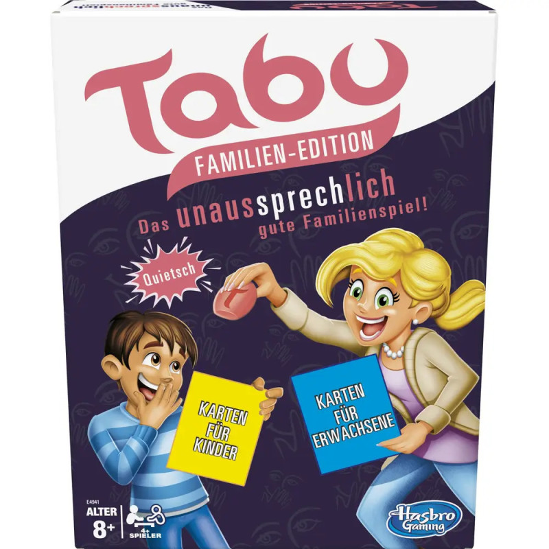 Tabu Familien-Edition: Karton mit spielenden, fröhlichen Erwachsenen und Kindern, deutscher Text sichtbar. Tabu Familien-Edition: Karton mit spielenden, fröhlichen Erwachsenen und Kindern, deutscher Text sichtbar.