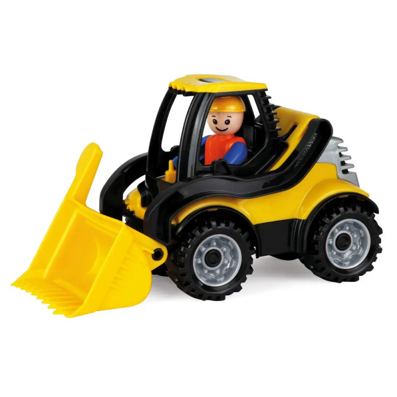 Gelber Spielzeug-Bulldozer mit großer Schaufel, großen Rädern und einer lächelnden Figur im Inneren.