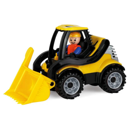 Gelber Spielzeug-Bulldozer mit großer Schaufel, großen Rädern und einer lächelnden Figur im Inneren.