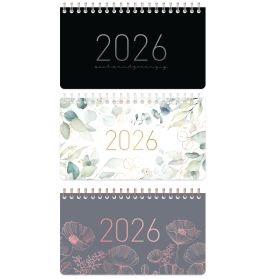 Drei Tischkalender 2026 mit verschiedenen Covern: schwarz, florales Aquarell und grau mit Blumenumrissen.