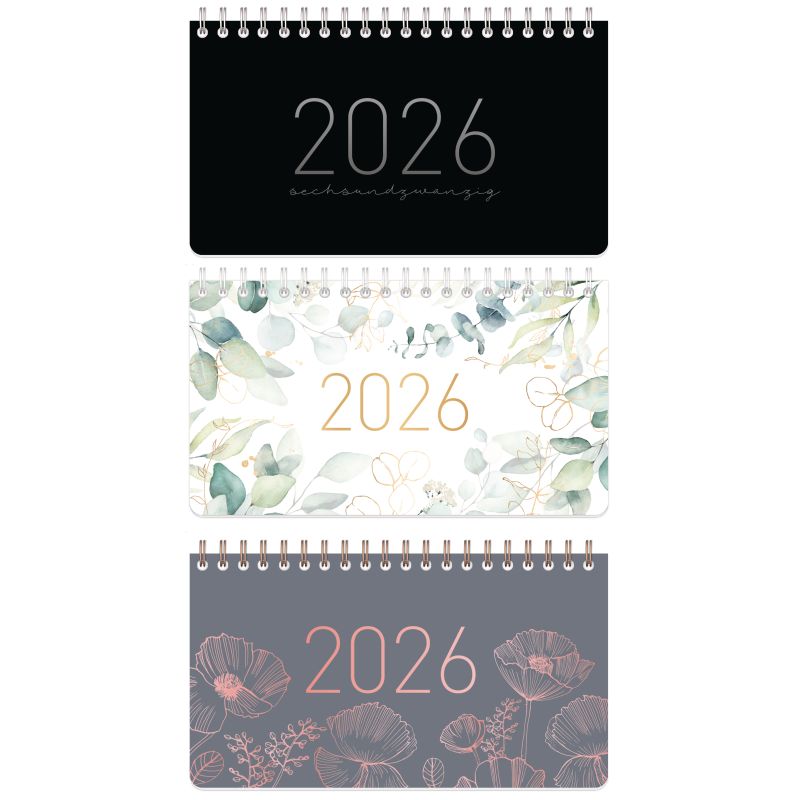 Drei Tischkalender 2026 mit verschiedenen Covern: schwarz, florales Aquarell und grau mit Blumenumrissen.
