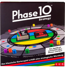 Phase 10 Strategie Brettspielschachtel mit Spielbrett, Karten und bunten Spielfiguren.