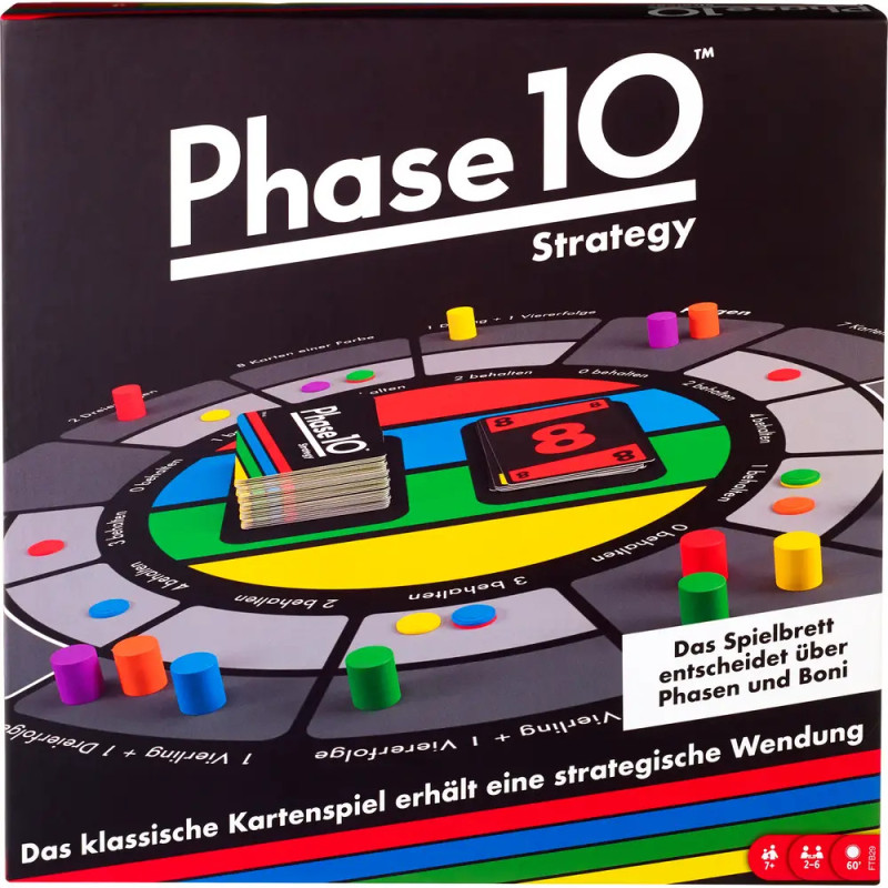 Phase 10 Strategie Brettspielschachtel mit Spielbrett, Karten und bunten Spielfiguren.