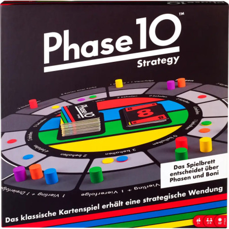Phase 10 Strategie Brettspielschachtel mit Spielbrett, Karten und bunten Spielfiguren.