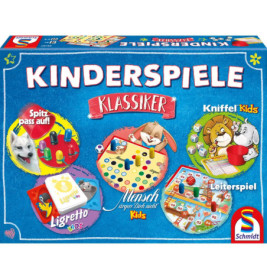 Bunte Spielebox mit dem Titel Kinderspiele Klassiker und Abbildungen verschiedener Kinderspiele und Cartoon-Tiere.