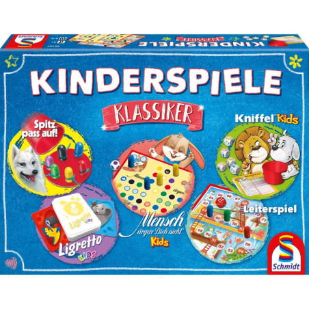 Bunte Spielebox mit dem Titel Kinderspiele Klassiker und Abbildungen verschiedener Kinderspiele und Cartoon-Tiere. Bunte Spielebox mit dem Titel Kinderspiele Klassiker und Abbildungen verschiedener Kinderspiele und Cartoon-Tiere.