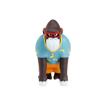Spielzeug-Gorilla mit roter Brille, blauem gemustertem Shirt und orangener Hose vor weißem Hintergrund.