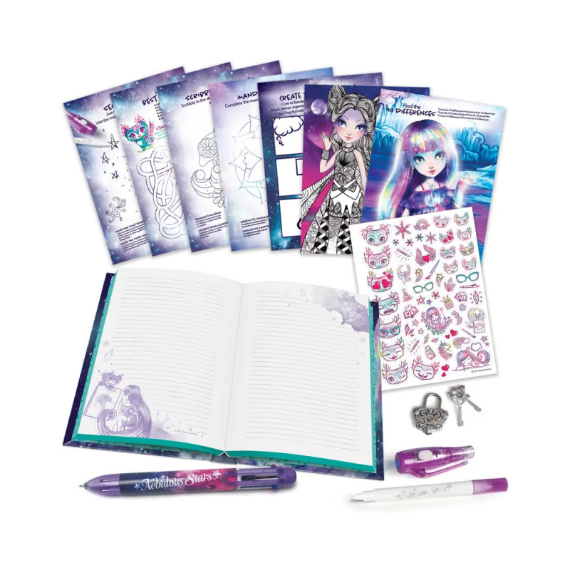 Kunst- und Aktivitätsset mit offenem Notizbuch, Stiften, Stickern, Anhängern und illustrierten Anleitungen.