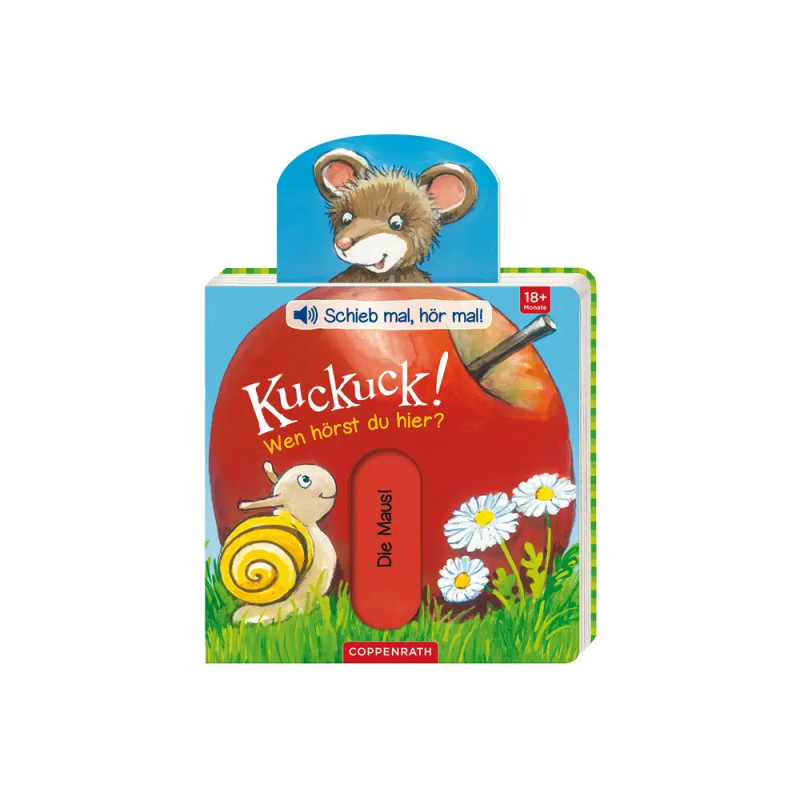 Cover eines Kinderbuchs mit Maus und Schnecke, Titel Kuckuck! Wen hörst du hier? auf buntem Hintergrund. Cover eines Kinderbuchs mit Maus und Schnecke, Titel Kuckuck! Wen hörst du hier? auf buntem Hintergrund.