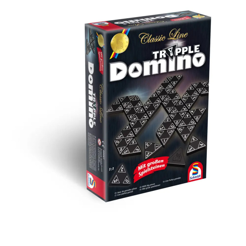 Schmidt Spiele Tripple Domino: Spielschachtel mit abgebildeten, dreieckigen Dominosteinen auf dem Cover.