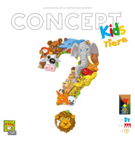 Auf dem Concept Kids Tier-Brettspielcover bildet ein buntes aus Tiergesichtern gestalteter Fragezeichen das Motiv.