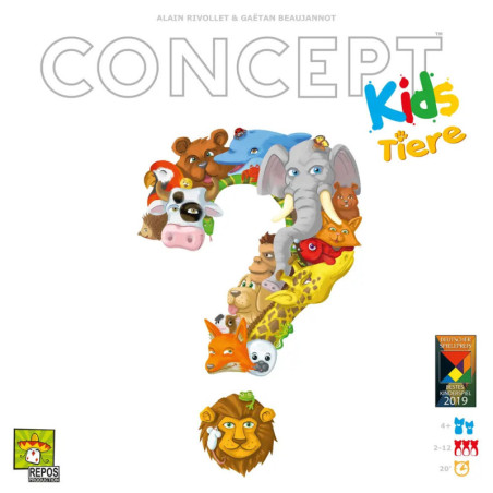 Auf dem Concept Kids Tier-Brettspielcover bildet ein buntes aus Tiergesichtern gestalteter Fragezeichen das Motiv.