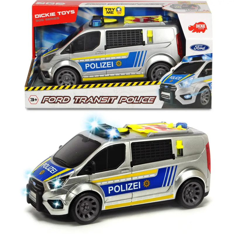 Spielzeug-Polizeivan Ford Transit mit Polizei-Aufschrift, Blaulicht und Sirene, in Verpackung und ausgepackt. Spielzeug-Polizeivan Ford Transit mit Polizei-Aufschrift, Blaulicht und Sirene, in Verpackung und ausgepackt.