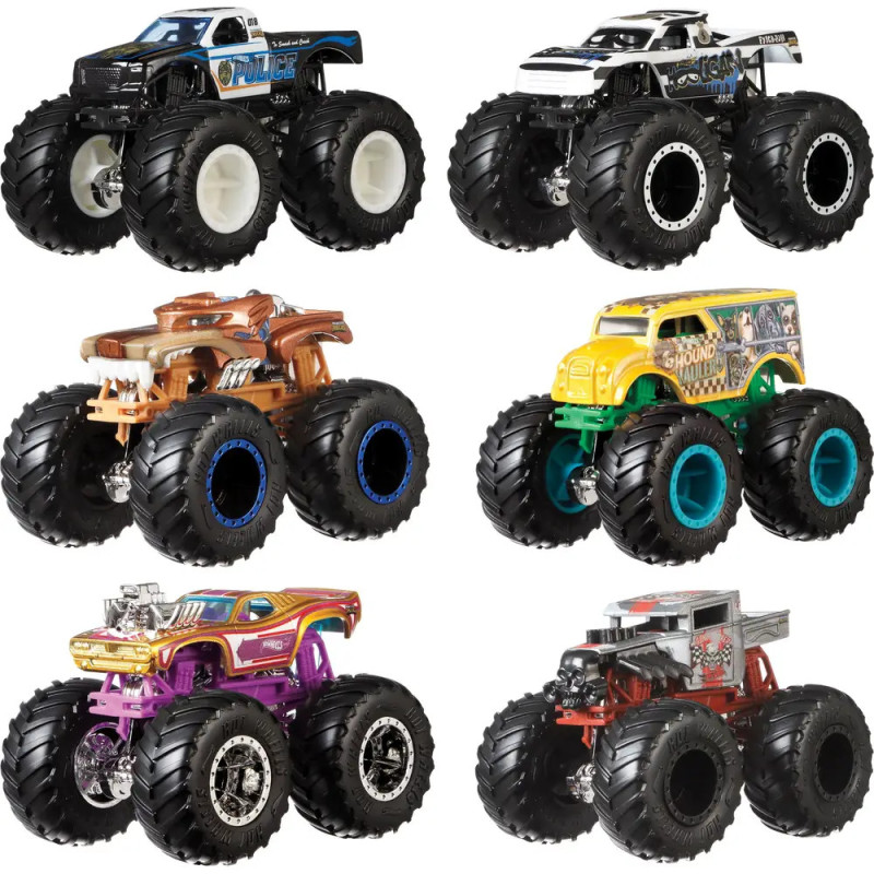 Sechs bunte Spielzeug-Monstertrucks stehen in zwei Reihen zu je drei auf weißem Hintergrund. Sechs bunte Spielzeug-Monstertrucks stehen in zwei Reihen zu je drei auf weißem Hintergrund.