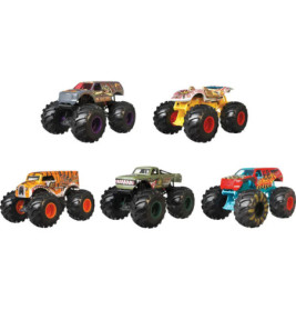 Fünf bunte Spielzeug-Monstertrucks mit großen Rädern und individuellen Designs auf weißem Hintergrund.