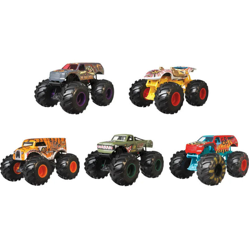 Fünf bunte Spielzeug-Monstertrucks mit großen Rädern und individuellen Designs auf weißem Hintergrund. Fünf bunte Spielzeug-Monstertrucks mit großen Rädern und individuellen Designs auf weißem Hintergrund.