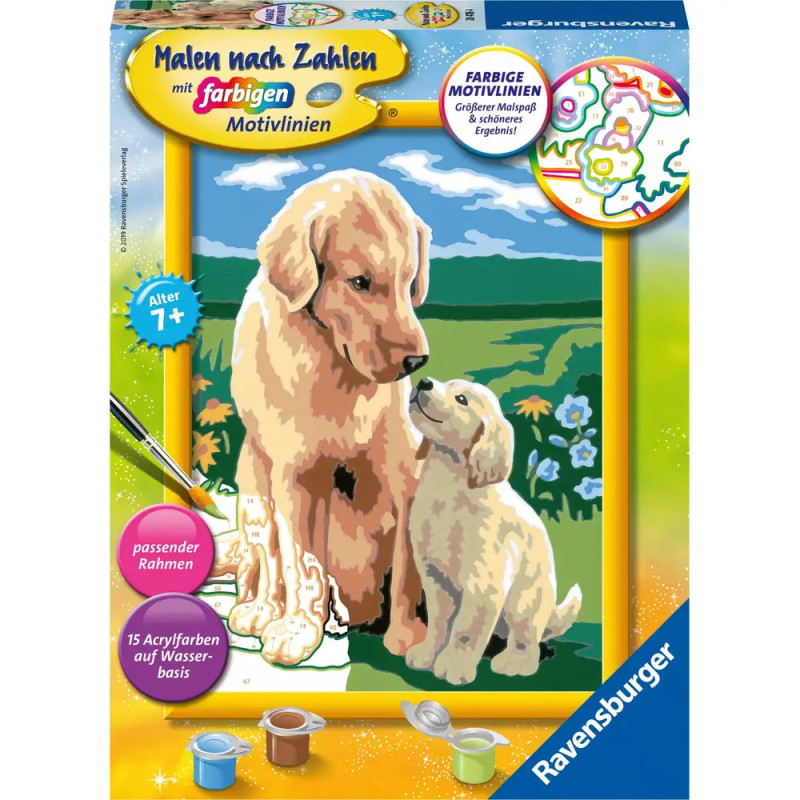 Mal-nach-Zahlen-Set mit Bild von erwachsenem Hund und Welpe, die zusammen sitzen, davor stehen Farbtöpfchen.