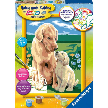 Mal-nach-Zahlen-Set mit Bild von erwachsenem Hund und Welpe, die zusammen sitzen, davor stehen Farbtöpfchen.