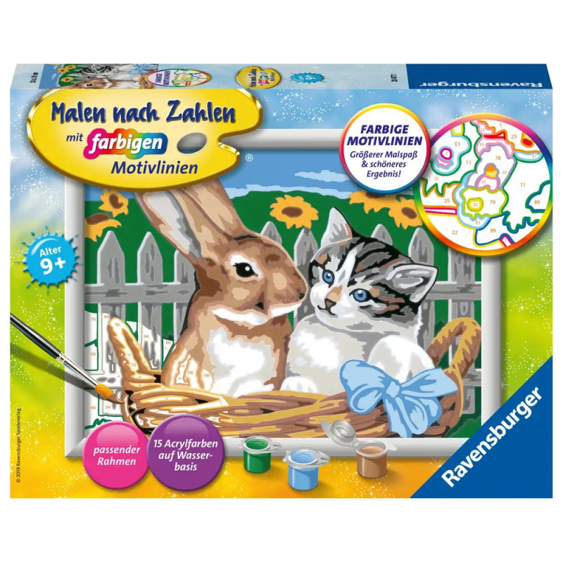 Malset mit Hasen und Katze im Korb auf der Verpackung, vorne Farbbehälter und Pinsel. Malset mit Hasen und Katze im Korb auf der Verpackung, vorne Farbbehälter und Pinsel.