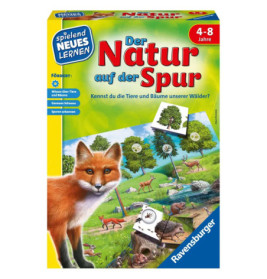Kinderspiel mit Naturmotiven: Spielschachtel mit Fuchs, Bäumen und Tieren auf leuchtend gelbem Hintergrund.