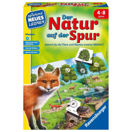 Kinderspiel mit Naturmotiven: Spielschachtel mit Fuchs, Bäumen und Tieren auf leuchtend gelbem Hintergrund.
