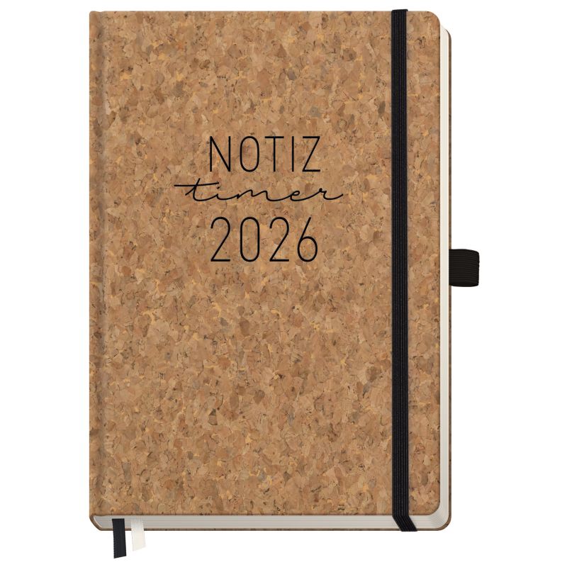 Notizbuch mit Korkeinband, Aufschrift NOTIZ timer 2026, schwarzem Gummiband und seitlichem Stifthalter.