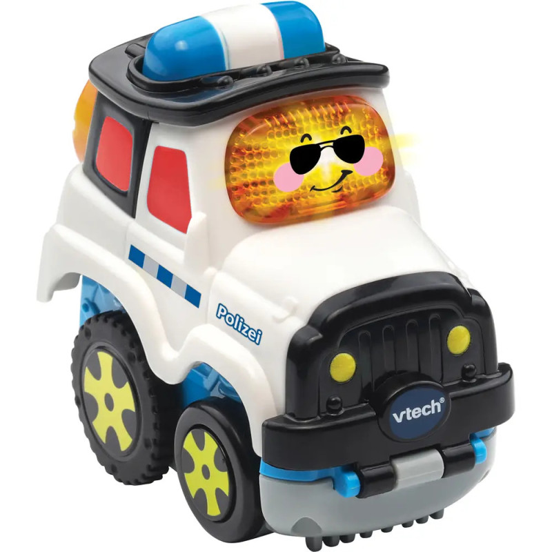 Spielzeug-Polizeiauto mit Blinklichtern, Comic-Gesicht und Polizei-Aufschrift, hergestellt von VTech. Spielzeug-Polizeiauto mit Blinklichtern, Comic-Gesicht und Polizei-Aufschrift, hergestellt von VTech.