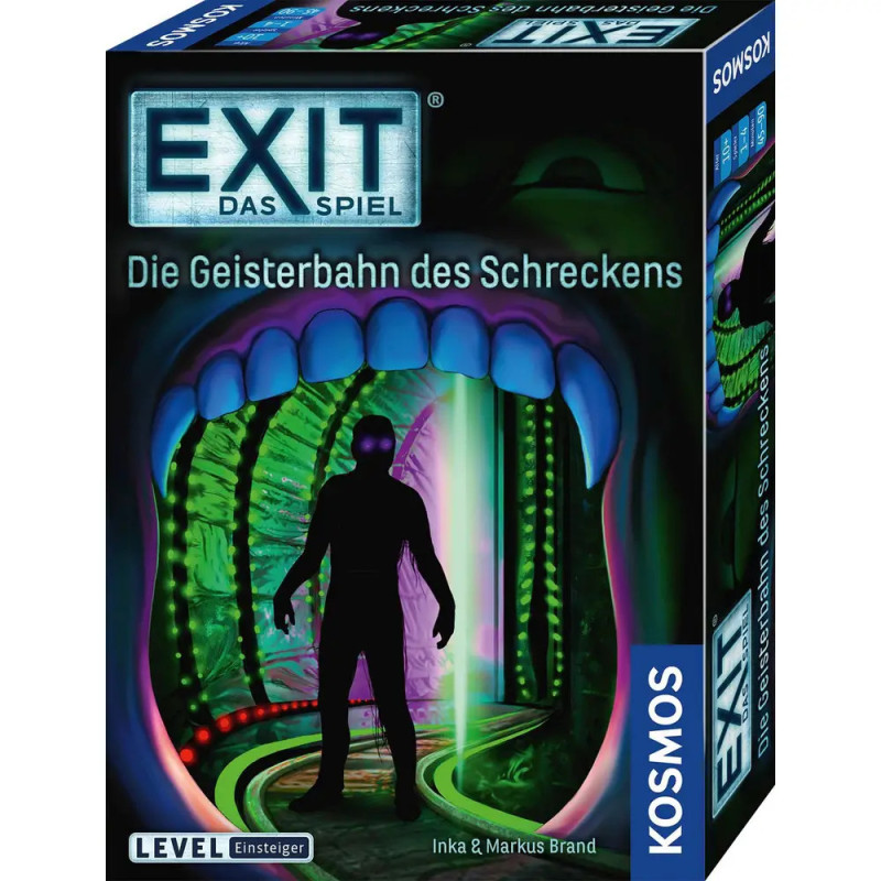 EXIT: Die Geisterbahn des Schreckens, Brettspiel-Box mit Schattenfigur in einem unheimlichen Tunnel. EXIT: Die Geisterbahn des Schreckens, Brettspiel-Box mit Schattenfigur in einem unheimlichen Tunnel.